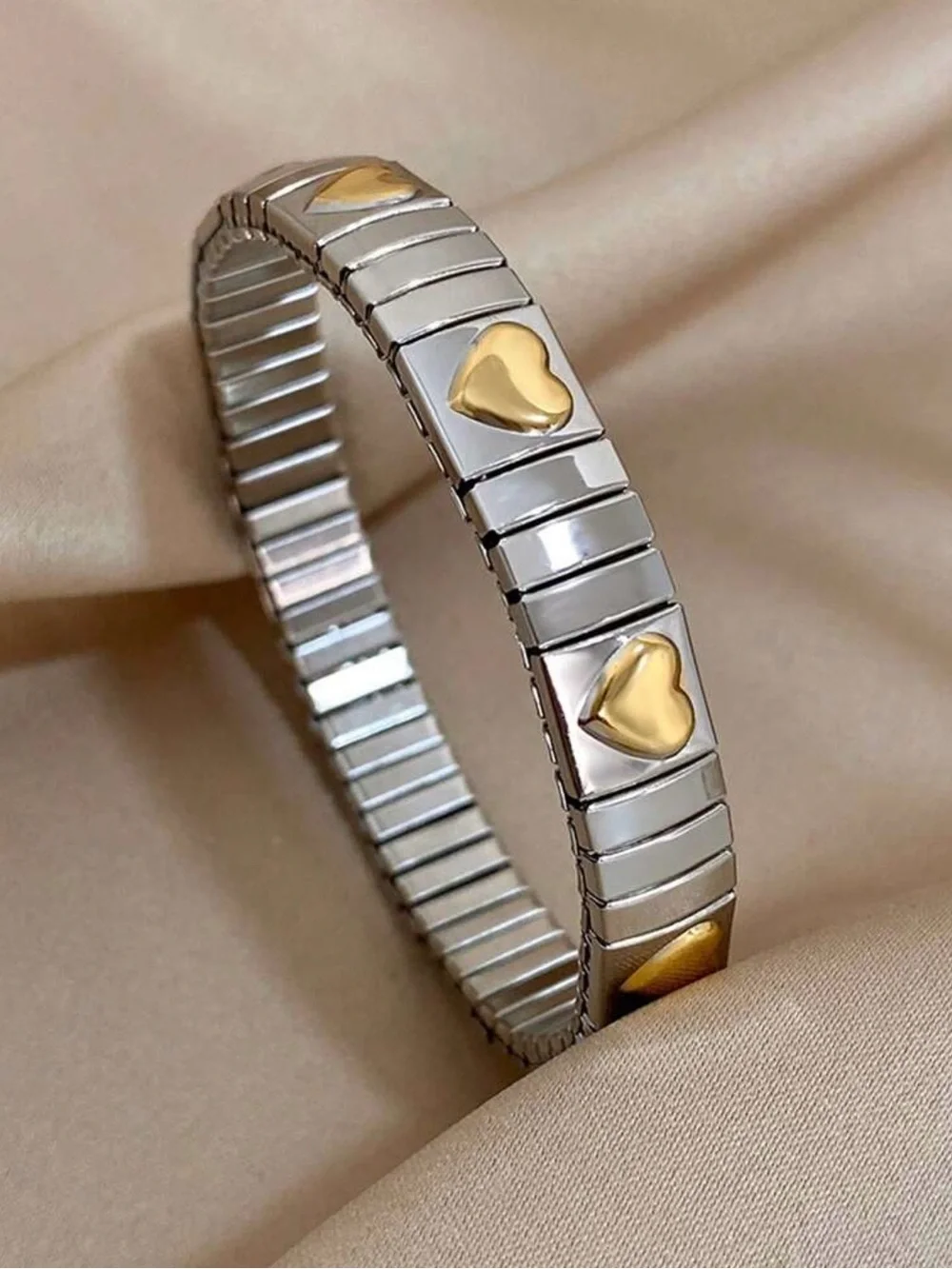 Two-Tone Heart Stretch Bracelet Silver Gold Jewelry